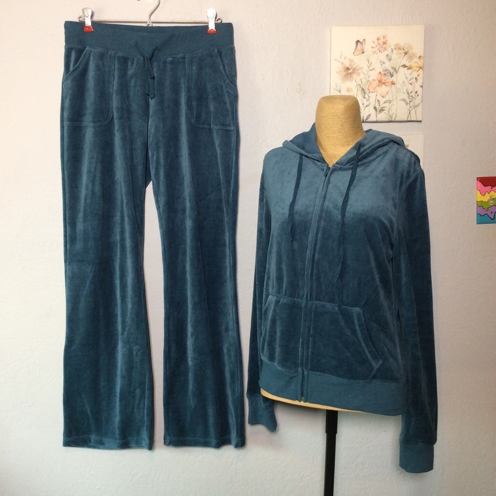 Basic Idea Vintage Y2K Women’s Blue Velour Tracksuit Pant Hoodie Jacket L